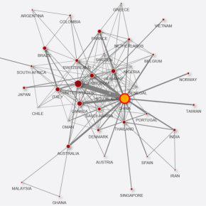 Réseau scientifique de collaboration internationale sur la Covid-19, sur l'application Netscity. © Marion MAISONOBE / Géographie-cités / IRIT / LISST / NETSCITY / CNRS Images