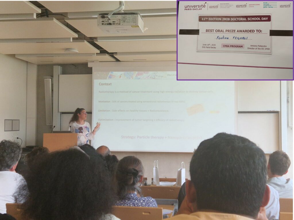 Toutes nos félicitations à Foutina, doctorante à l'ISMO dans l'équipe NanoBio.
Retrouvez le résumé de la présentation de Foutima : Nanoparticles Combined with Particle Therapy for the Treatment of Tumors